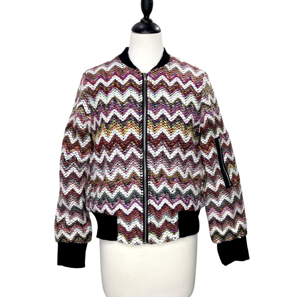 Flawless Size M Bomber Jacket Colorful Rainbow Tweed Chevron Front Zip Pockets